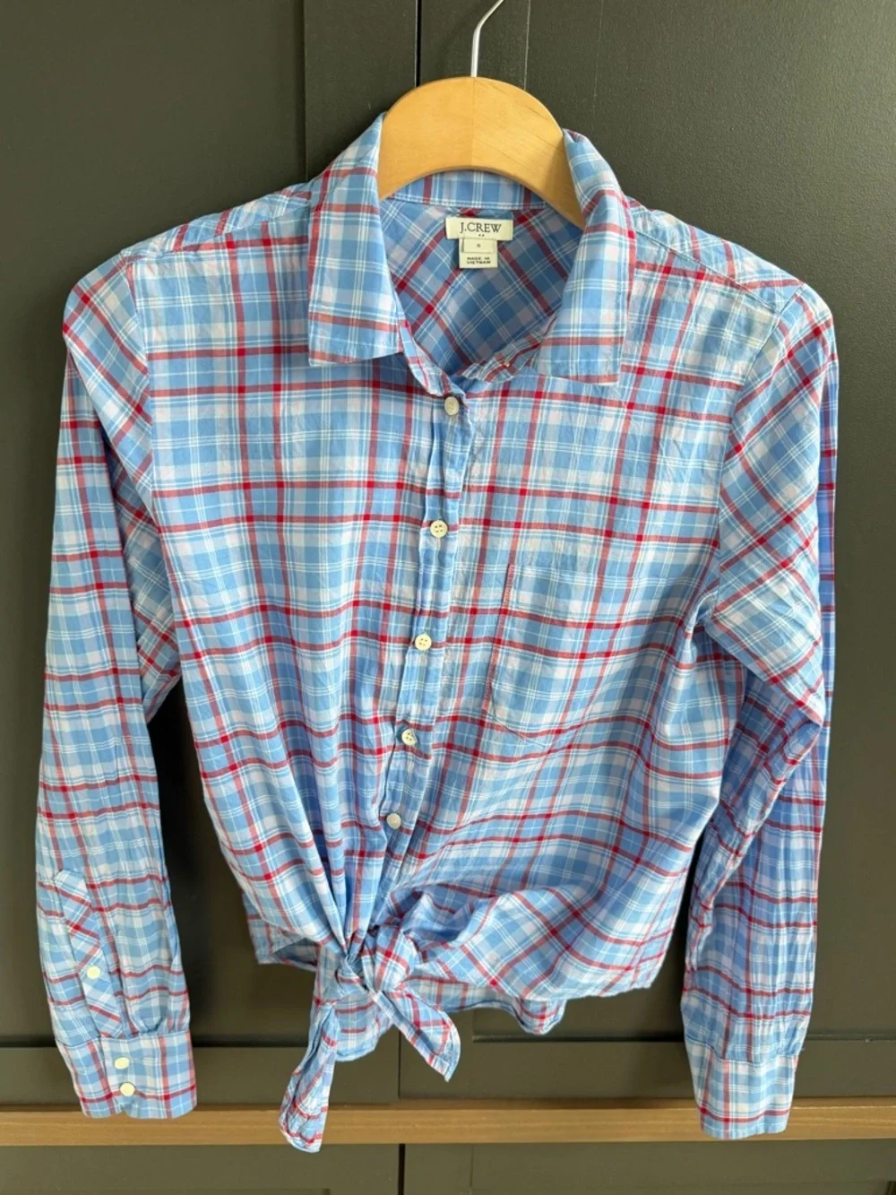 J. Crew | Light Blue and Red Plaid Button-Down Cotton Shirt | tie front | S